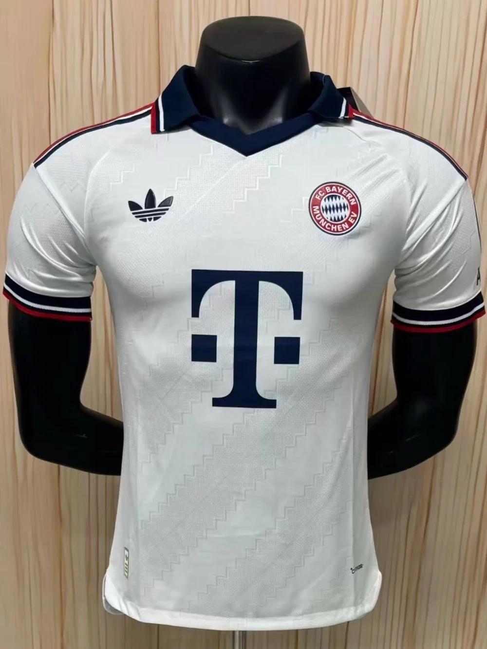 adidas White and Navy Bayern Munich Football Jersey with Red Trim